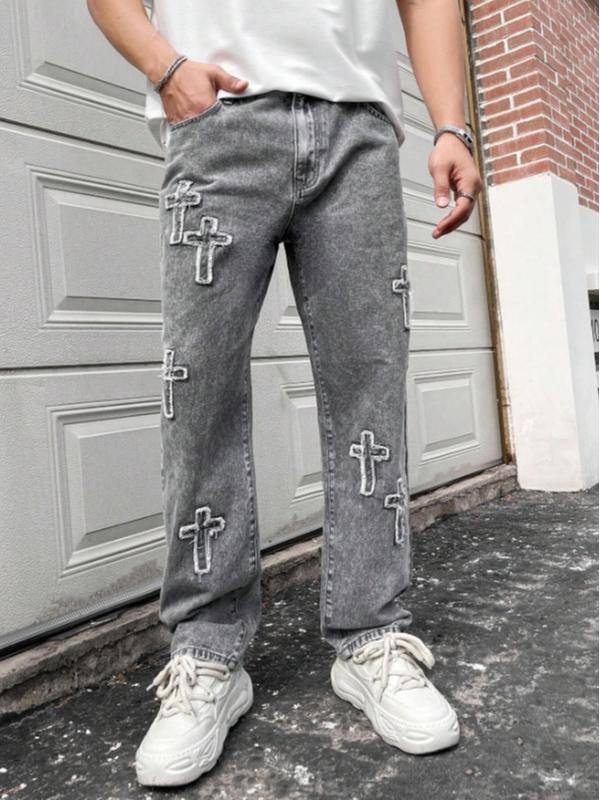 Men's Loose Fit Straight Leg Jeans With Cross Pattern