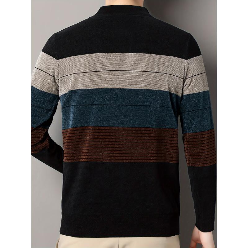 Men's Color Blocking Striped Warm Knit Sweater For Autumn And Winter - Versatile Trendy Long Sleeve Knitted Pullover As Gift Fabric Knitwear