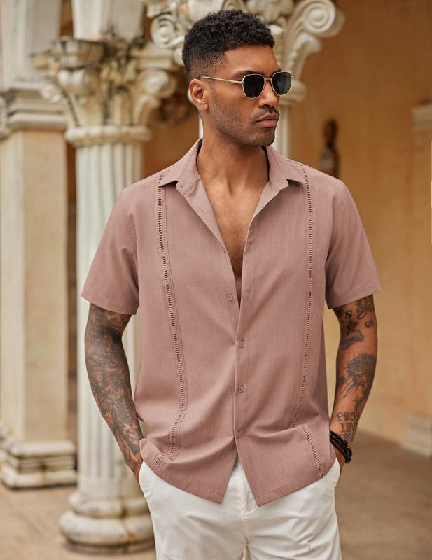 COOFANDY Men's Short sleeved Cuba Guayabera Casual Summer Front Button Casual Business Men's Shirt, Men's Top Underwear, Home Casual Men's Clothing, Front Button Short sleeved Shirt Menswear