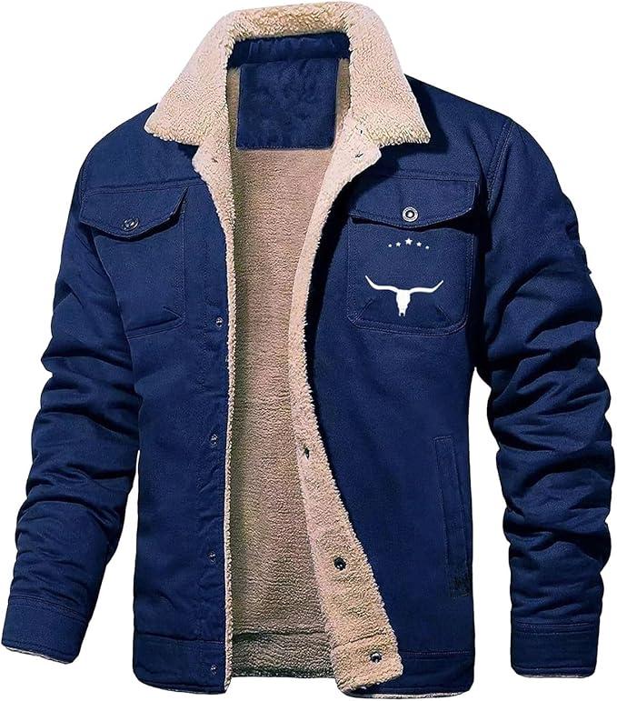 Men's Retro Western Winter Fleece Jacket with Multi-Pocket Design - Menswear, Coats Breathable