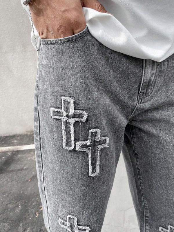 Men's Loose Fit Straight Leg Jeans With Cross Pattern