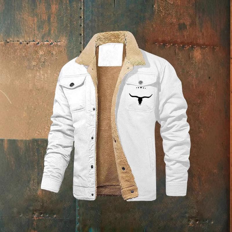 Men's Retro Western Winter Fleece Jacket with Multi-Pocket Design - Menswear, Coats Breathable