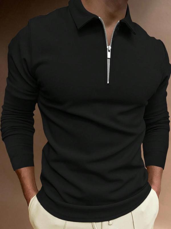 Men's Solid Zip Up Half Placket Polo Shirt, Regular Fit Casual Long Sleeve Top for Fall & Winter, Men's Clothes for Daily Wear