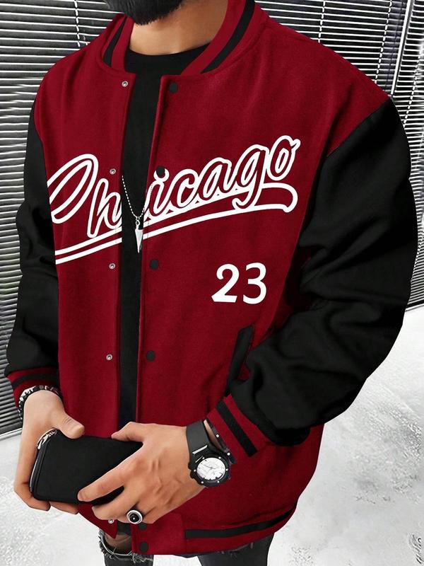 Men's Letter & Number Print Button Front Varsity Jacket, Regular Fit Casual Patchwork Long Sleeve Pocket Outerwear for Fall & Winter,  Men's Clothing, Winter Coats, Men's Designer Clothes for Daily Wear, Fall Outfits, Fallfreshness