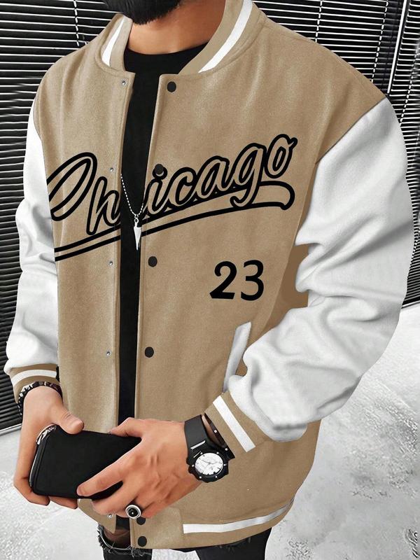 Men's Letter & Number Print Button Front Varsity Jacket, Regular Fit Casual Patchwork Long Sleeve Pocket Outerwear for Fall & Winter,  Men's Clothing, Winter Coats, Men's Designer Clothes for Daily Wear, Fall Outfits, Fallfreshness