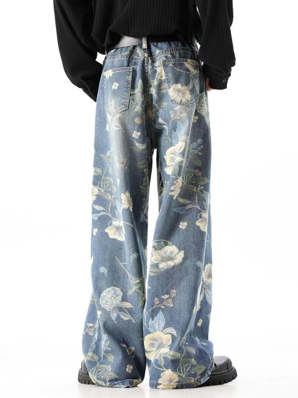 Men's Floral & Denim-effect Print Pocket Elastic Waist Wide Leg Pants, Loose Street Fashion Casual Zip Up Button Fly Trousers for Daily Wear, Mens Bottoms for All Seasons