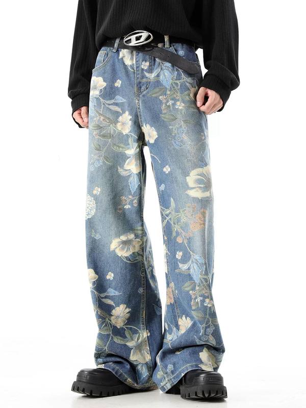 Men's Floral & Denim-effect Print Pocket Elastic Waist Wide Leg Pants, Loose Street Fashion Casual Zip Up Button Fly Trousers for Daily Wear, Mens Bottoms for All Seasons