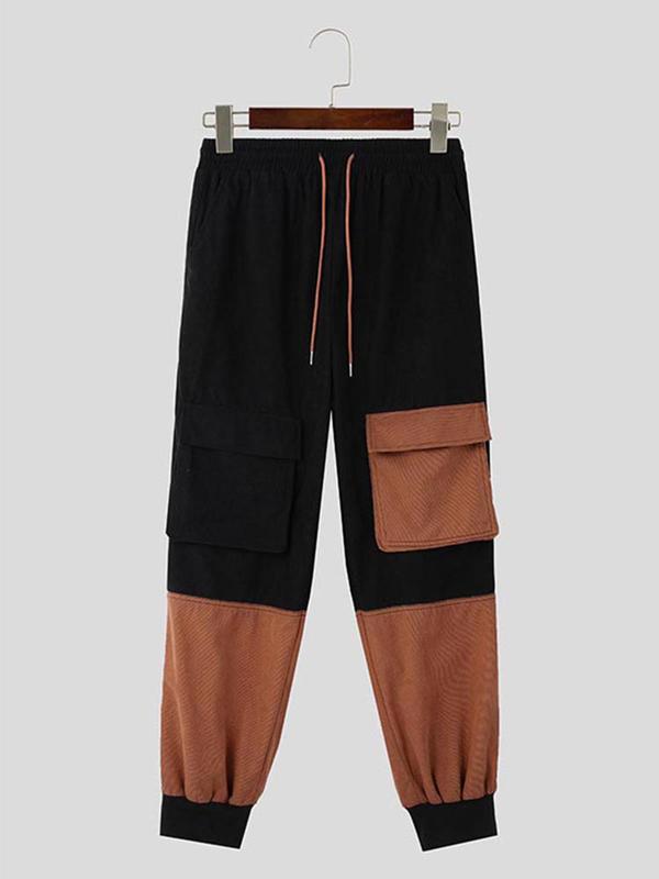 Men's Colorblock Drawstring Waist Corrot Pants, Street Fashion Casual Pocket Elastic Waist Trousers for Daily Wear, Men's Bottoms for Fall & Winter