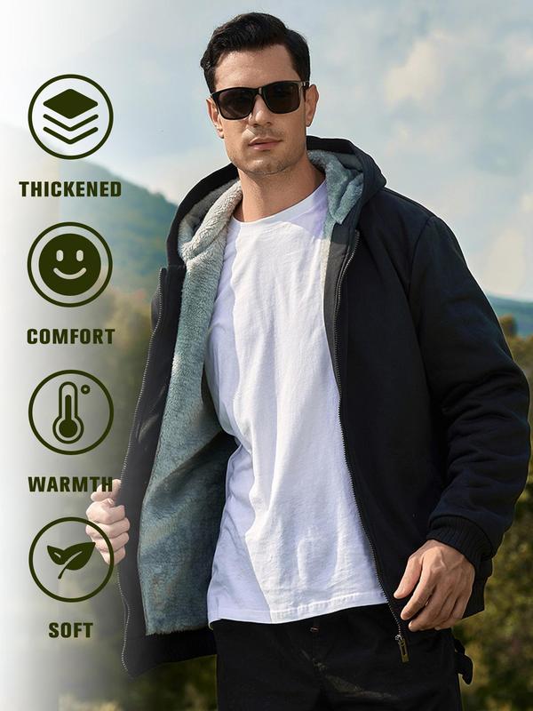 Men's Colorblock Zip Up Plush Hooded Sports Coat, Casual Regular Fit Long Sleeve Drawstring Pocket Outerwear for Fall & Winter, Men's Sportswear for Outdoor Activities