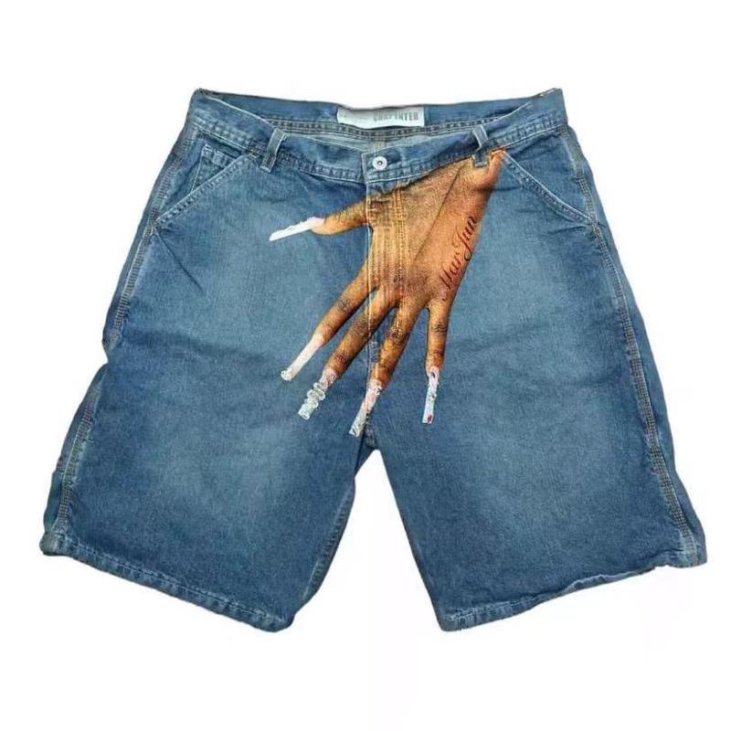 Hip Hop Trend Pattern Printed Denim Shorts Men's High Street Fashion Brand Couple Casual Shorts