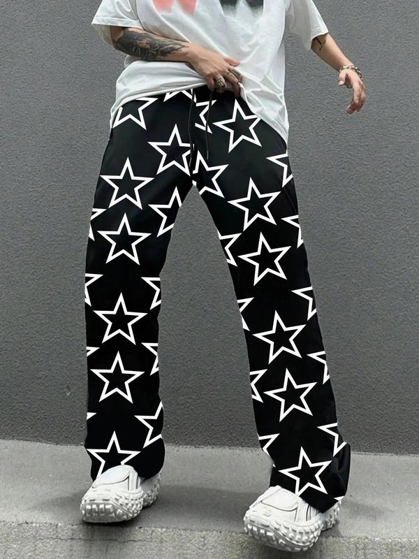 Men's All Over Star Print Drawstring Waist Straight Leg Pants, Casual Comfy Pocket Trousers for Daily Wear, Men's Bottoms for All Seasons