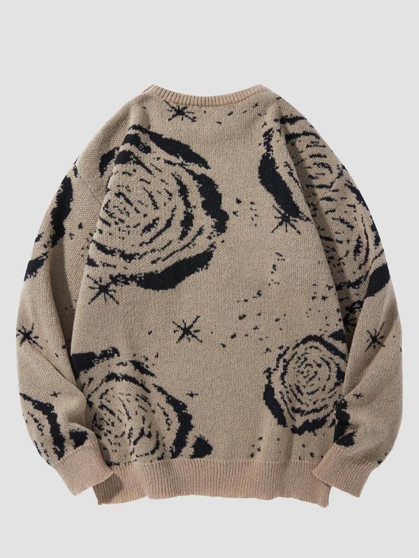 Men's Floral Print Drop Shoulder Sweater, Regular Fit Casual Soft Comfy Long Sleeve Round Neck Jumper for Fall & Winter, Fashion Men's Knitwear for Daily Wear