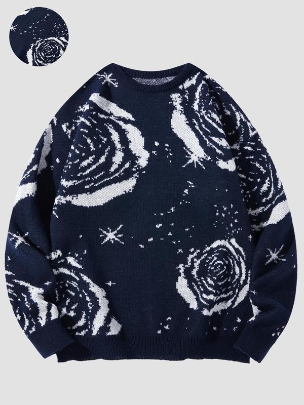 Men's Floral Print Drop Shoulder Sweater, Regular Fit Casual Soft Comfy Long Sleeve Round Neck Jumper for Fall & Winter, Fashion Men's Knitwear for Daily Wear