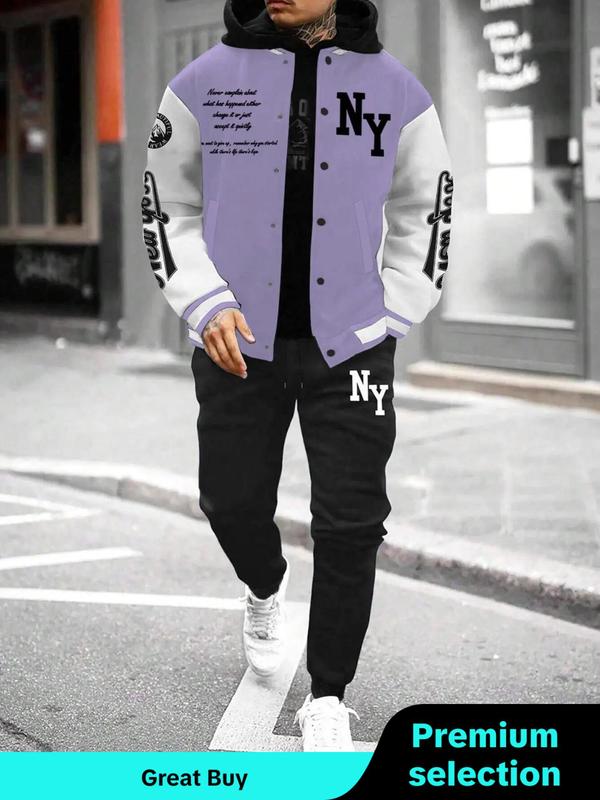 Two-piece Set Men's Letter Print Button Front Varsity Jacket & Elastic Waist Sweatpants, Regular Fit Casual Pocket Long Sleeve Outerwear & Trousers for Daily Wear, Men's Two-piece Outfits for Fall & Winter