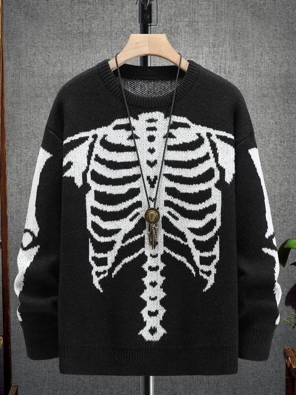 Men's Skeleton Print Drop Shoulder Sweater, Halloween Theme Regular Fit Casual Long Sleeve Round Neck Jumper for Fall & Winter, Fashion Men's Knitwear for Daily Wear