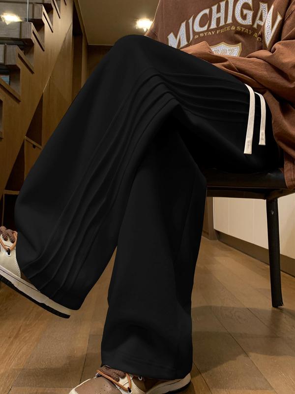 Men's Regular Fit Solid Pocket Drawstring Waist Seam Detail Wide Leg Pants, Casual Comfy Elastic Waist Straight Leg Trousers for Summer, Streetwear, Fashion Men's Bottoms for Daily Wear