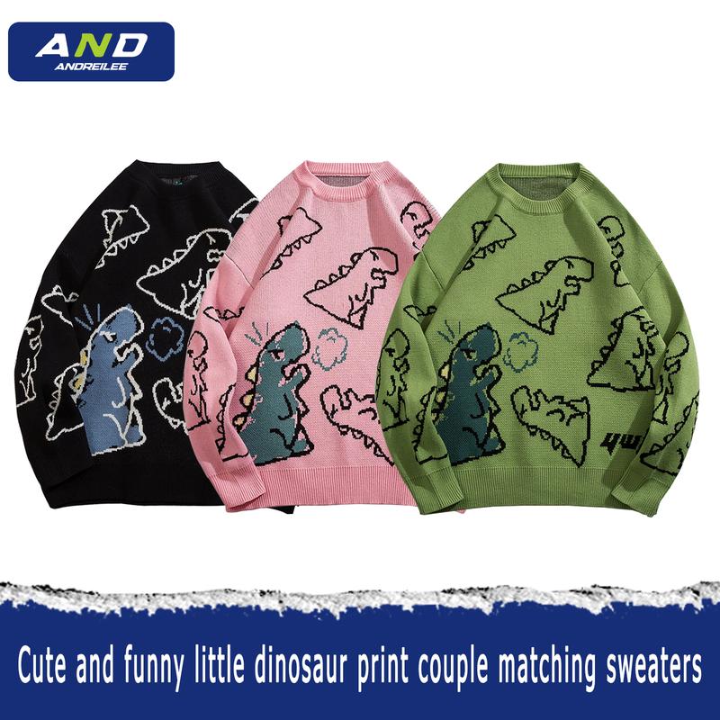 ANDREILEE Round Neck Longsleeves Loose unisex Dinosaur Sweater Men's Knitwear knitted sweater dinosaur sweatshirt unisex sweater halibut  sweater nirvana  sweater