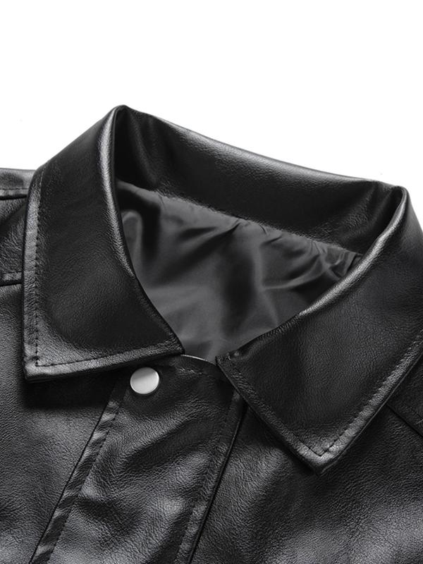 Men's Solid Pocket Zipper PU Leather Jacket, Loose Casual Long Sleeve Collared Outerwear for Spring & Fall, Fashion Men's Clothes for Daily Wear