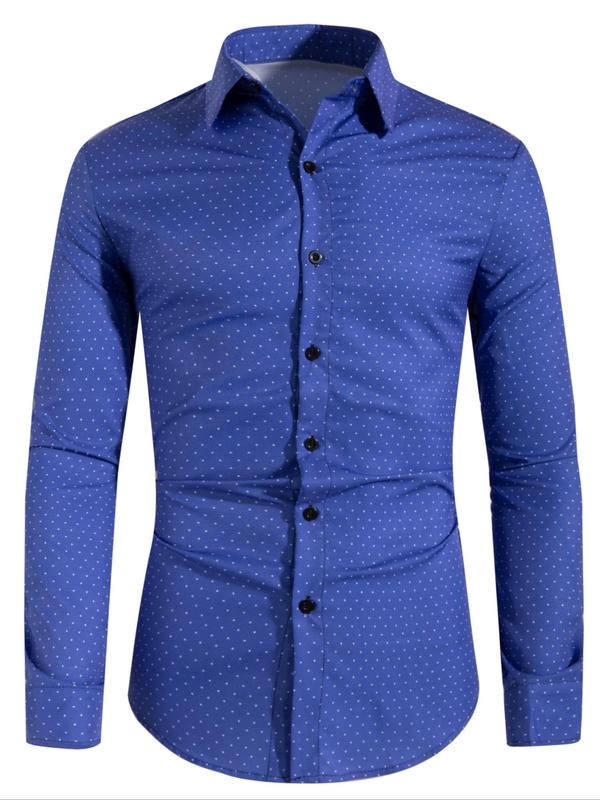 Men's Regular Fit Polka Dot Print Button Front Shirt, Long Sleeve Collared Button Up Top For All Seasons, Men's Clothes For Casual Daily Wear