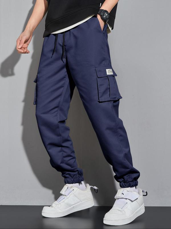 Men's Letter Patched Pocket Cargo Pants, Stylish Loose Drawstring Trousers, Drippy Outfits, Going Out Outfit, 2000s Pants, Menswear Clothing, Men's Clothing Outfits