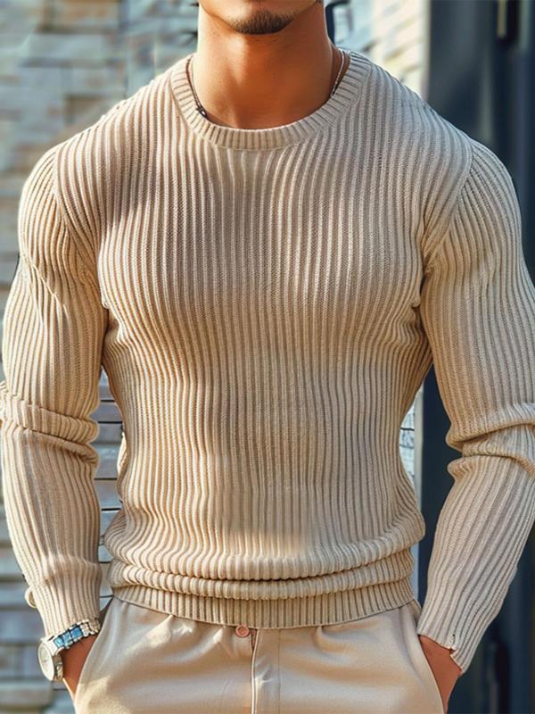 Men's Solid Round Neck Sweater, Slim Casual Long Sleeve Crew Neck Jumper for Fall & Winter, Fashion Men's Knitwear for Daily Wear