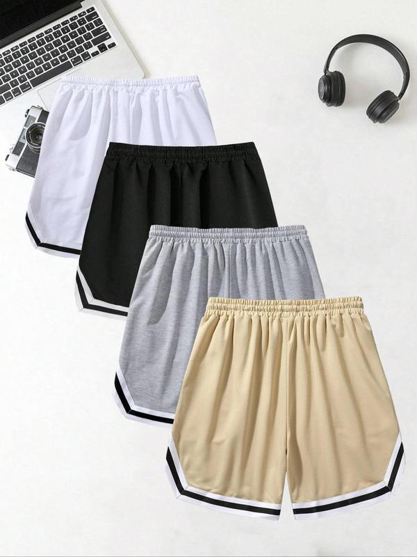 Men's 4pcs Contrast Binding Drawstring Waist Shorts, Casual Loose Streetwear Pocket Track Shorts for Summer, Knitting Bottoms for Men