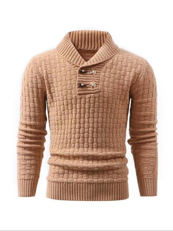 Men's Solid Waffle Knit Double Button Pullover, Casual Long Sleeve Collared Jumper for Fall & Winter, Men's Knitwear for Daily Wear