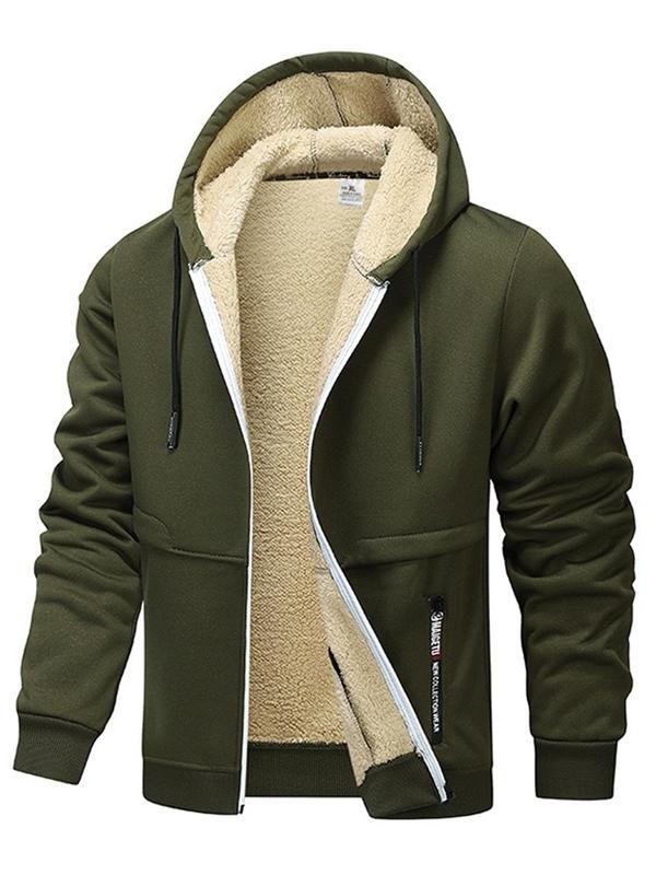 Men's Letter Print Drawstring Zip Up Hooded Jacket, Regular Fit Casual Long Sleeve Pocket Outerwear for Fall & Winter, Men's Clothes for Daily Wear