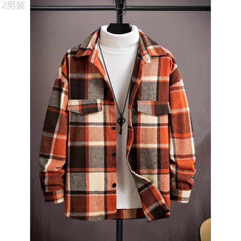 Stylish Plaid Long Sleeve Shirt for Men - Chic Button-Up Design, Retro Casual Style, Soft Fabric, Relaxed Fit, Versatile for Daily Wear - Perfect for Autumn and Winter Collar Menswear lapel shirt casual kurta