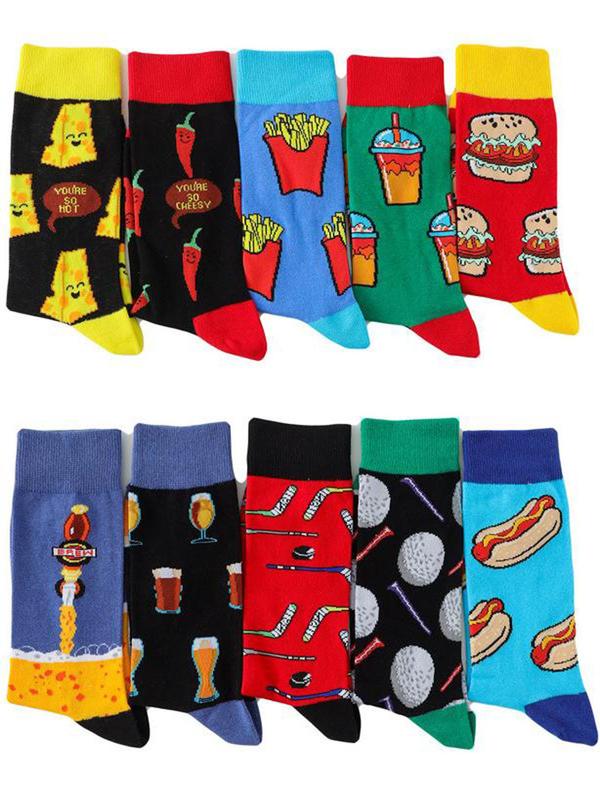 Men's 5 Pairs Cartoon Food Print Crew Socks, Colorblock Casual Comfortable Breathable Mid-calf Socks for Daily Wear, Men's Socks for All Seasons, Stocking Stuffers