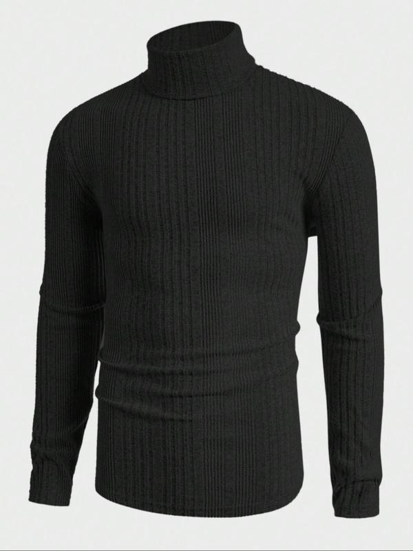 Men's Solid Turtle Neck Ribbed Knit Sweater, Regular Fit Casual Long Sleeve Pullover Jumper for Fall & Winter, Men's Knitwear for Daily Wear