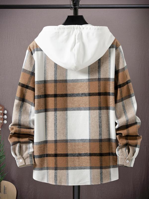 Men's Plaid Print Button Front Drawstring Hooded Jacket, Regular Fit Casual Long Sleeve Pocket Outerwear for Fall & Winter, Men's Clothes for Daily Wear Winter Jacket