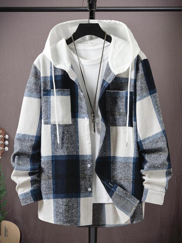 Men's Plaid Print Button Front Drawstring Hooded Jacket, Regular Fit Casual Long Sleeve Pocket Outerwear for Fall & Winter, Men's Clothes for Daily Wear Winter Jacket