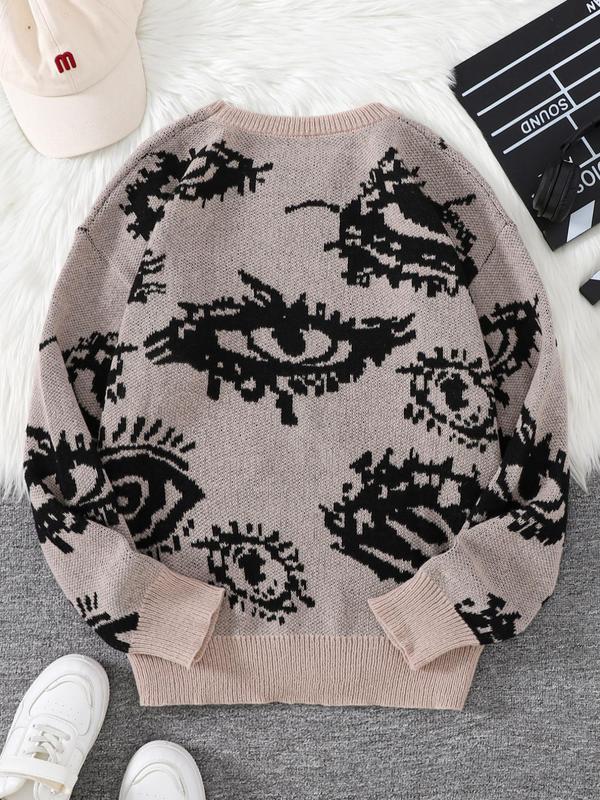 Men's All Over Eye Print Drop Shoulder Y2K Sweater, Fall Sweaters, Regular Fit Casual Comfy Long Sleeve Round Neck Jumper, Men's Fall Knitwear for Daily Wear Tops