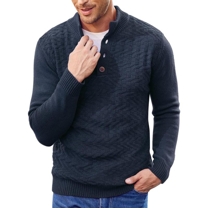 Men Mock Neck Button Sweater Casual Knitted Sweaters Fashion Henley Sweater