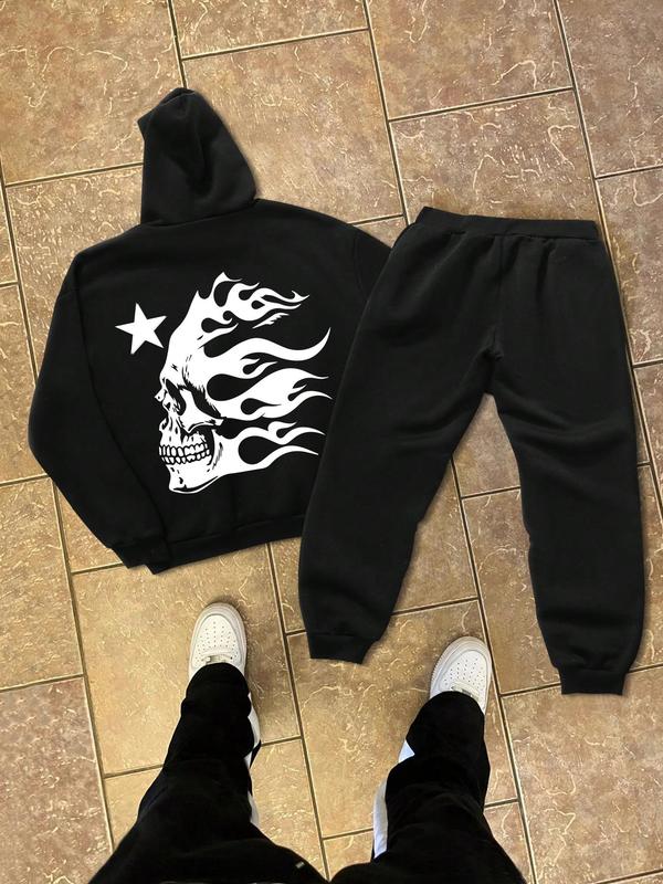 Men's Letter & Skull Fire Print Drawstring Hoodie & Drawstring Waist Sweatpants Two-piece Set, Casual Long Sleeve Pocket Two-piece Outfit for Fall & Winter, Men's Clothes for Daily Wear