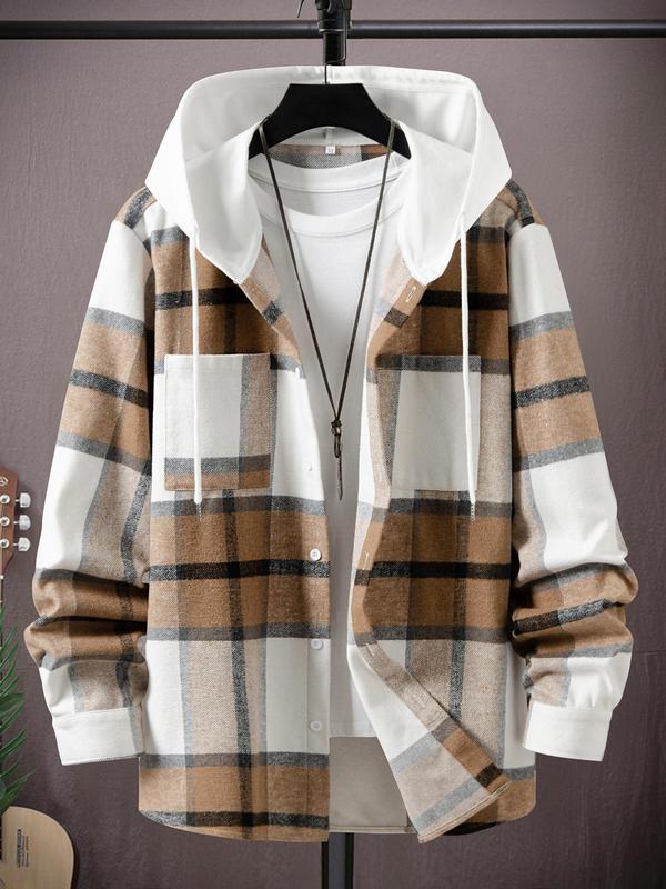 Men's Plaid Print Button Front Drawstring Hooded Jacket, Regular Fit Casual Long Sleeve Pocket Outerwear for Fall & Winter, Men's Clothes for Daily Wear Winter Jacket