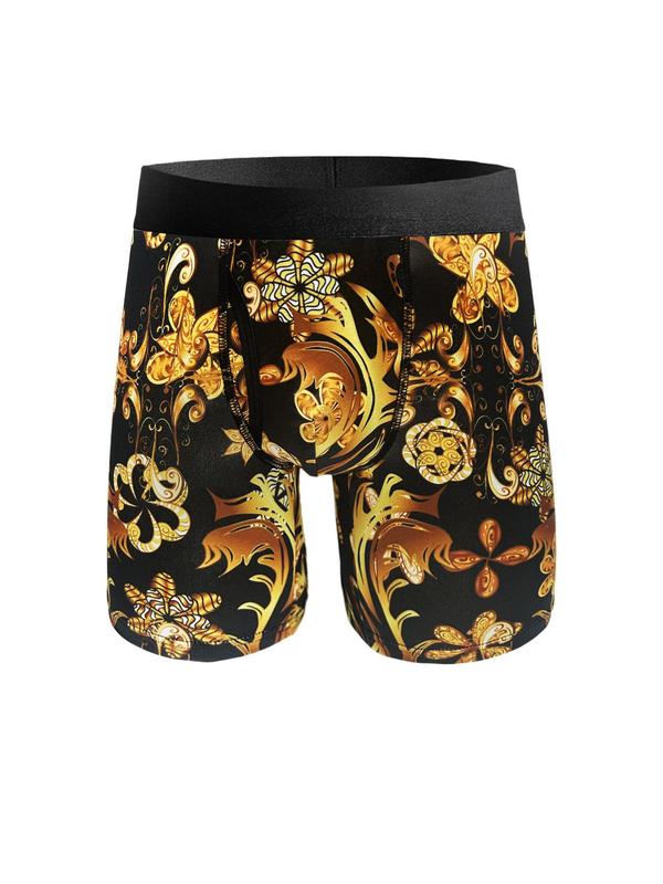 Men's Baroque Print Tape Boxer Brief, Casual Comfy Breathable Floral Print Boxer Brief, Underwear for All Seasons