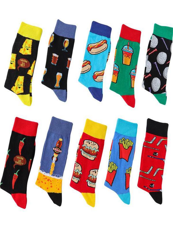 Men's 5 Pairs Cartoon Food Print Crew Socks, Colorblock Casual Comfortable Breathable Mid-calf Socks for Daily Wear, Men's Socks for All Seasons, Stocking Stuffers