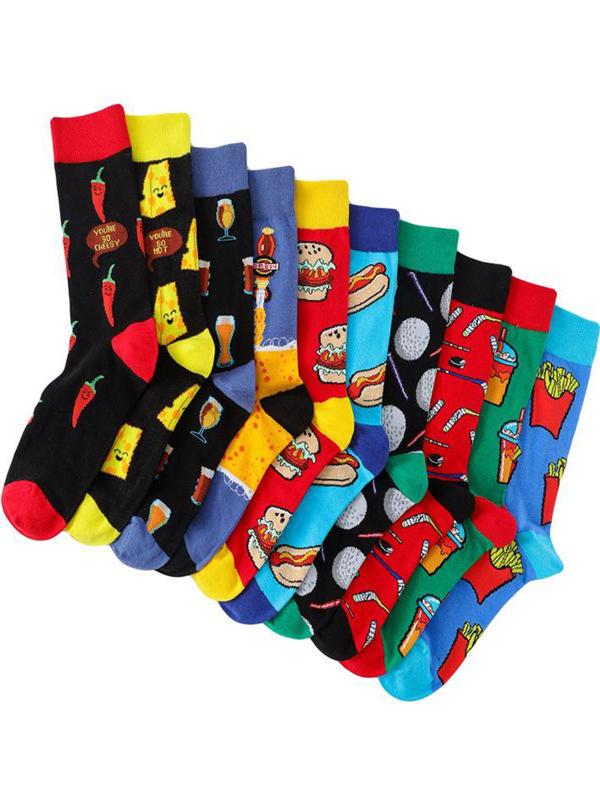 Men's 5 Pairs Cartoon Food Print Crew Socks, Colorblock Casual Comfortable Breathable Mid-calf Socks for Daily Wear, Men's Socks for All Seasons, Stocking Stuffers