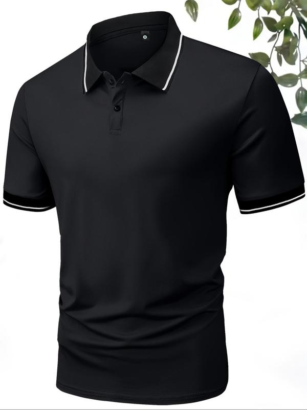 Men's Striped Print Short Sleeve Polo Shirt, Regular Fit Casual Business Half Placket Button Front Top, Summer Outfits, Polo Shirts Men, Fashion Men's Streetwear for Daily Wear