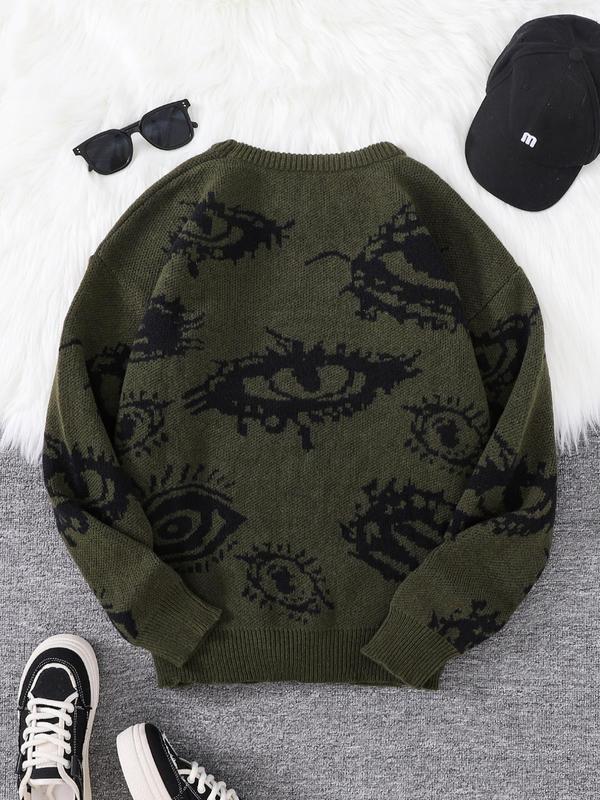 Men's All Over Eye Print Drop Shoulder Y2K Sweater, Fall Sweaters, Regular Fit Casual Comfy Long Sleeve Round Neck Jumper, Men's Fall Knitwear for Daily Wear Tops