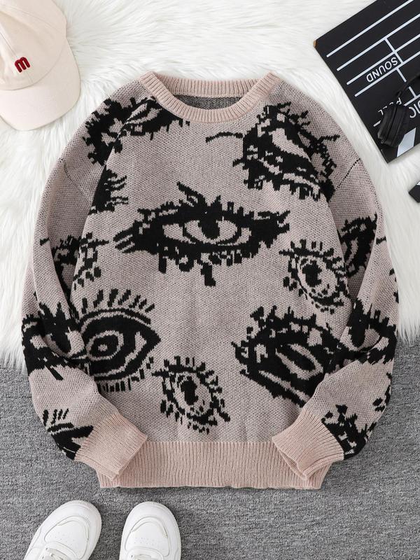 Men's All Over Eye Print Drop Shoulder Y2K Sweater, Fall Sweaters, Regular Fit Casual Comfy Long Sleeve Round Neck Jumper, Men's Fall Knitwear for Daily Wear Tops