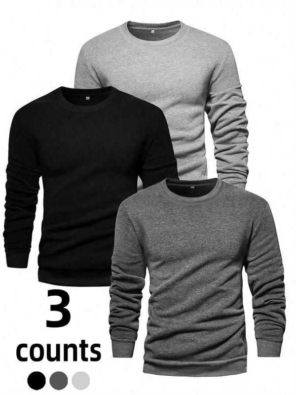 Men's Solid Long Sleeve Tee, Casual Comfy Round Neck T-shirt for Fall & Winter, Men's Top for Daily Wear Crew Necks