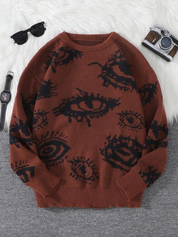 Men's All Over Eye Print Drop Shoulder Y2K Sweater, Fall Sweaters, Regular Fit Casual Comfy Long Sleeve Round Neck Jumper, Men's Fall Knitwear for Daily Wear Tops