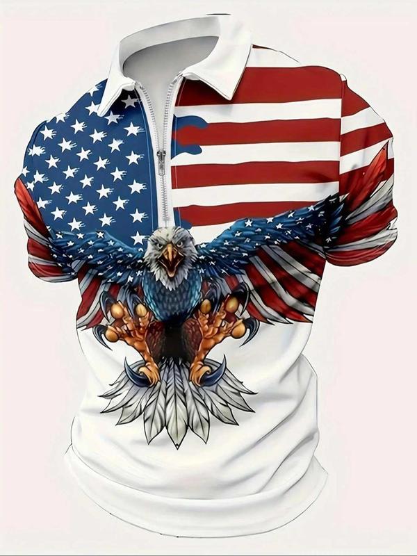 Men's Flag & Eagle Print Half Zip Polo Shirt, Regular Fit Casual Short Sleeve Collared Top, Men's Clothes for Daily Wear