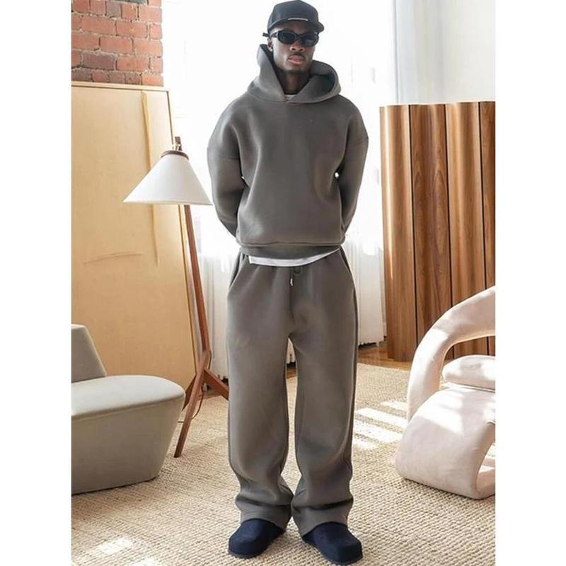 Casual Sportwear Men's Two-piece Set Fashion Solid Oversize Loose Hoodie and Drawstring Pocket High Street Straight Pants Suit