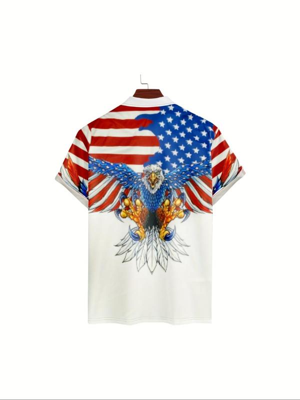 Men's Flag & Eagle Print Half Zip Polo Shirt, Regular Fit Casual Short Sleeve Collared Top, Men's Clothes for Daily Wear