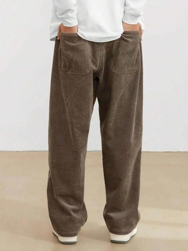  Solid Color Patched Pocket Corduroy Pants, Casual Comfy Elastic Waist Trousers for Men, Men's Bottoms for Fall & Winter