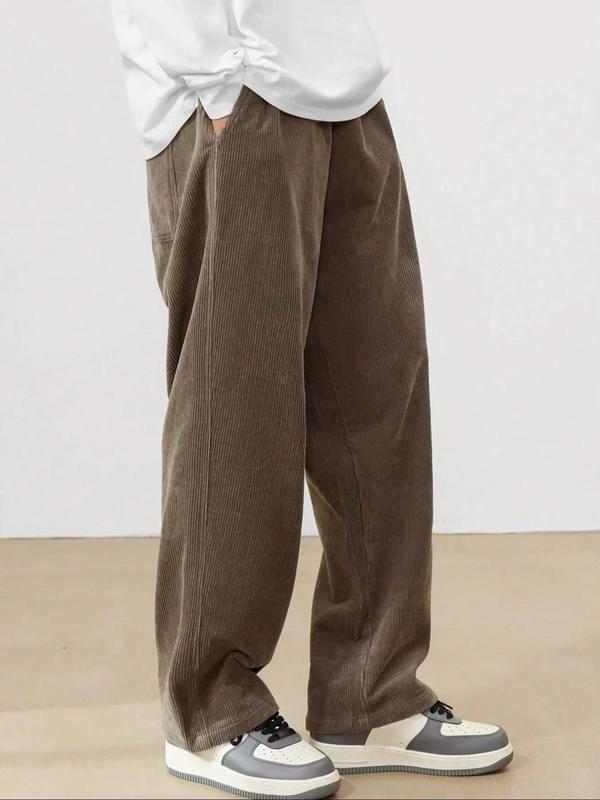  Solid Color Patched Pocket Corduroy Pants, Casual Comfy Elastic Waist Trousers for Men, Men's Bottoms for Fall & Winter